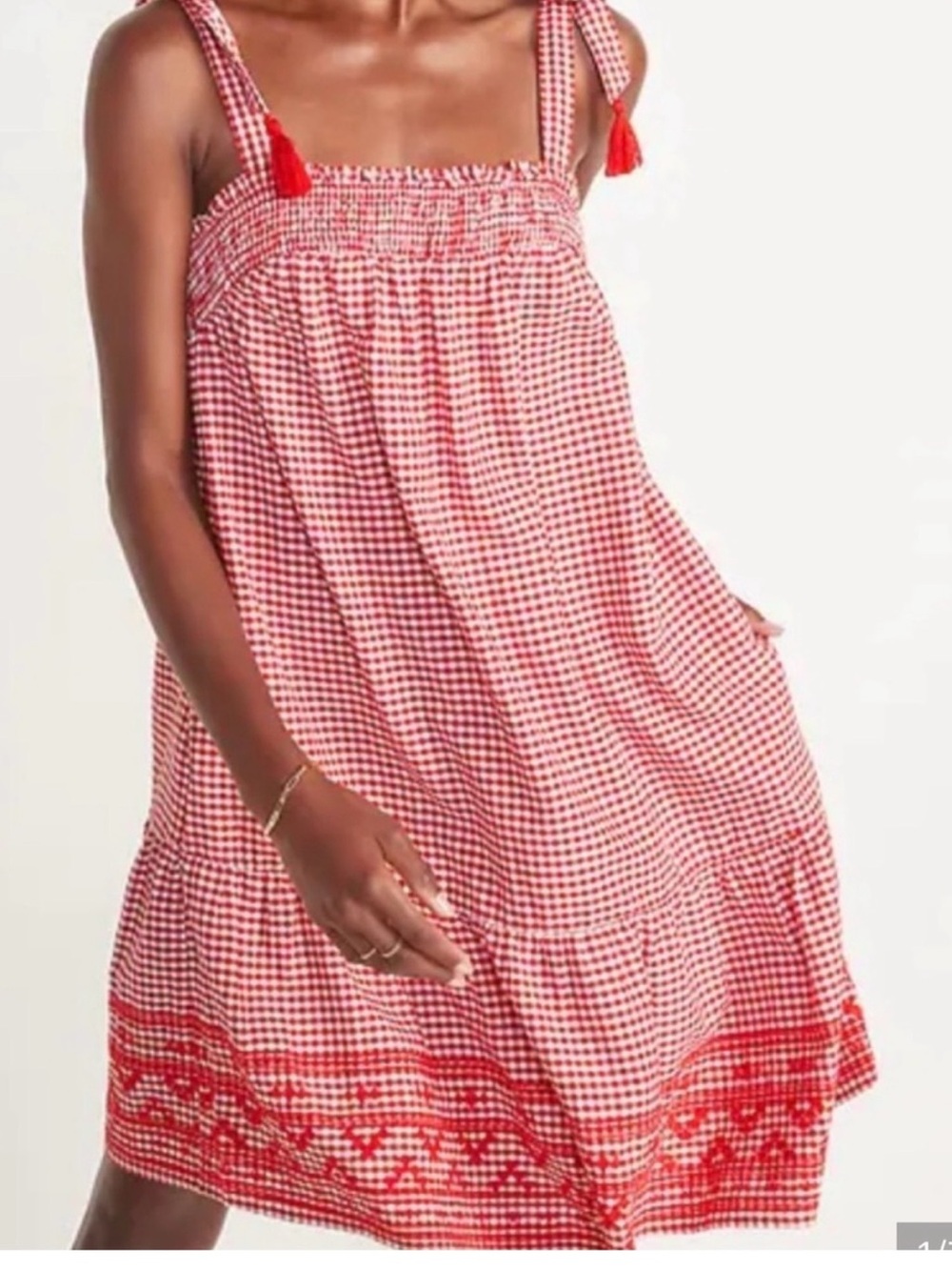 Gingham sundress, red with shoulder ties.